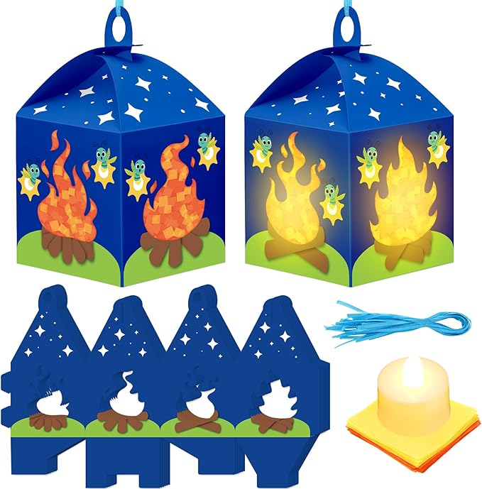 Simgoing 12 Sets Camp Crafts with LED Candles Lights Camping Campfire Vbs Tissue Paper Crafts Kits DIY Campfire Lantern Hanging Ornaments for Vbs Sunday School Party Activities