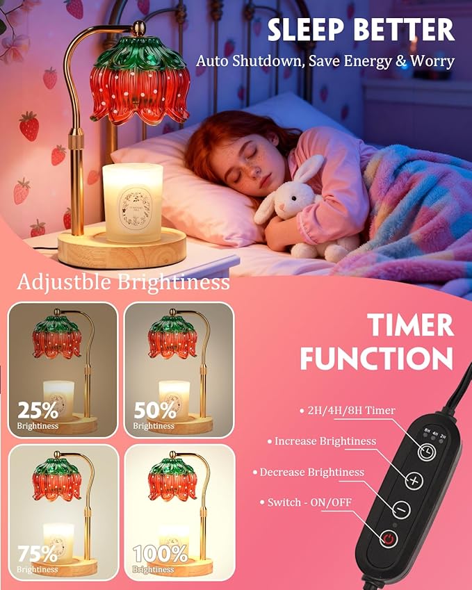 Funistree Strawberry Candle Warmer Lamp Height Adjustable, Lotus Strawberry Flower Lamp for Yankee Village Candles, Cute Candle Lamp with Timer & Dimmable, Birthday for Women Mom Adult