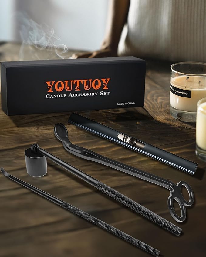 YOUTUOY 4 in1 Candle Accessory Set with Rechargeable Candle Lighter, Candle Wick Trimmer, Candle Wick Snuffer, Candle Wick Dipper, Candle Care Kit (Matte Black)