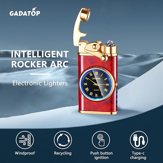 GADATOP Electric Windproof Lighter - USB Rechargeable Flameless Double Arc Plasma Lighter with Luminous Real Watch dial LED (Grain Wood red)