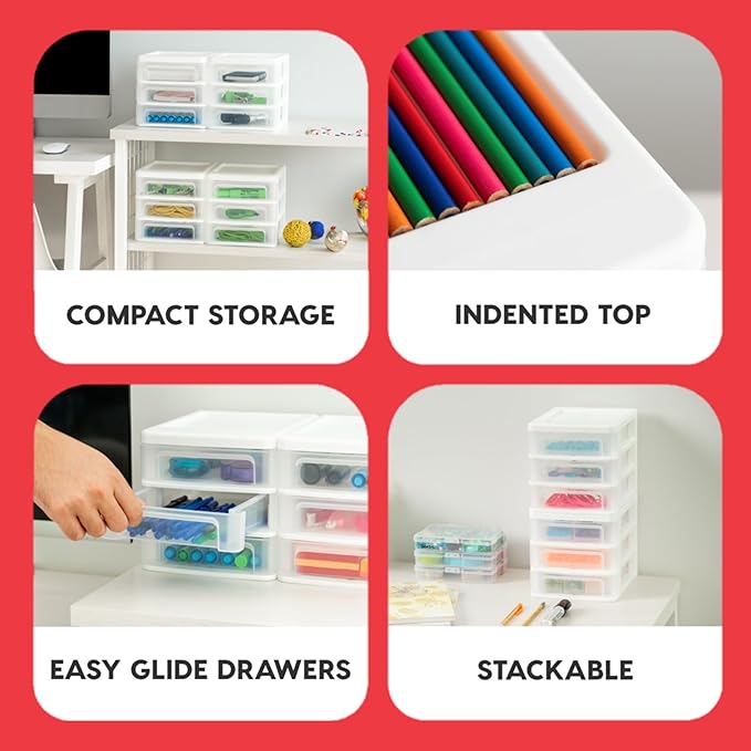 IRIS USA Plastic Stacking Desk Top 3-Drawer Storage Organizer, 2-Pack, for Makeup Vanity Nail Polish Bathroom Stationery Art Craft Supplies Kitchen Office Garage and Small Organization, Small, White
