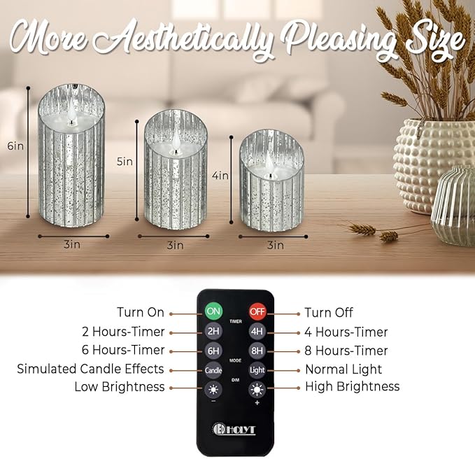 Rechargeable Flameless Candle, Flickering LED Pillar Glass Fake Candle with Remote and Timer, Built-in Battery Real Wax Electronic Candle for Room Decoration, Set of 3