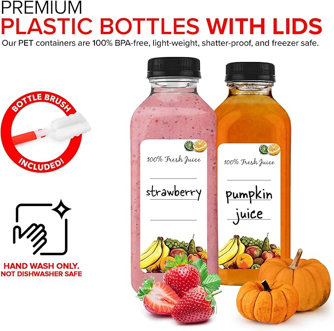 Juice Bottles with Caps for Juicing & Smoothies, Reusable Clear Empty Plastic Bottles with Caps, 16 Ounce Drink Containers for Mini Fridge, Juicer Shots, Small Water Bottles Bulk 16 oz (35 Pack)
