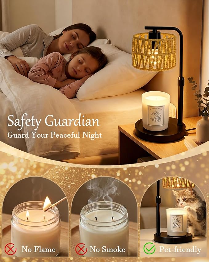 Candle Warmer Lamp, Timer Dimmable Candle Lamp, Adjustable Height and Brightness Candle Warmer, Boho Rattan Lampshade and 2 Bulbs, Suitable for Home Decor, Birthday Gifts for Women Mom (Black)