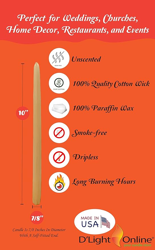 D'light Online Elegant 10" Unscented Colonial Ivory Taper Candles, Premium Quality Hand-Dipped Tapered Candles, Dripless and Smokeless - Set of 12 Individually Wrapped (10 Inch, Colonial Ivory)