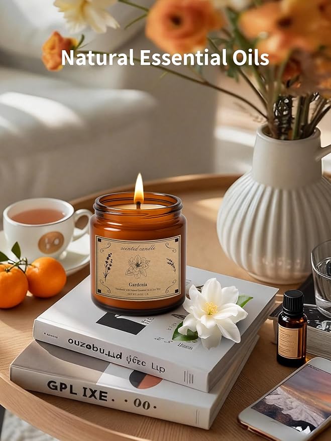 Scented Candles for Home, 16oz Soy Wax Candle, 100 Hour Burn Time, Gardenia Scented Candle for Men & Women, Highly Scented, Amber Glass Jar Candle as a Ideal Gift