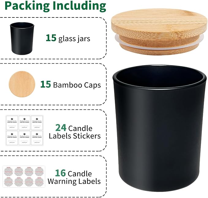SUPMIND 15 Pack Glass Candle Jars- 7 fl.oz Matt Black Empty Candle Jars with Bamboo Lids and Sticky Labels, Bulk Candle Containers for Making Candles for Halloween