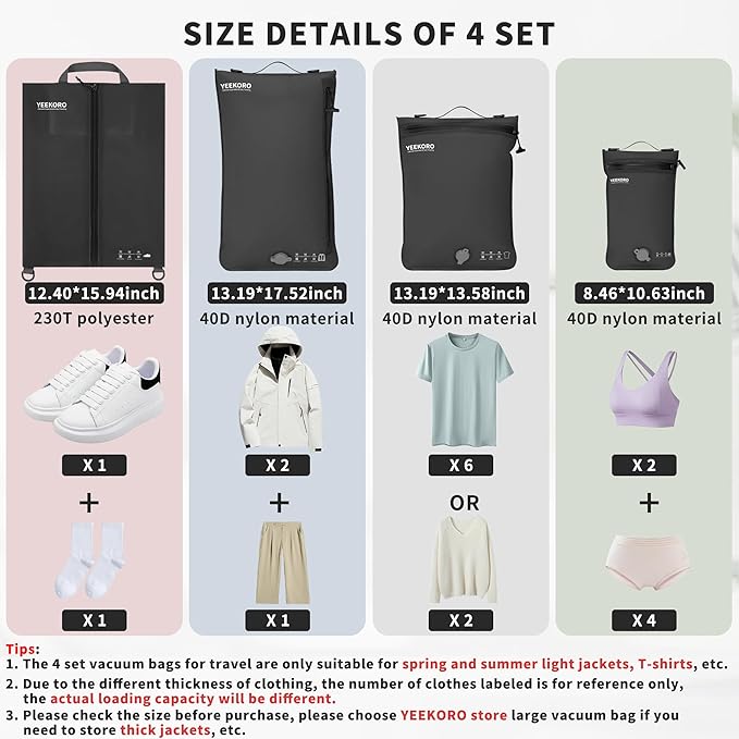 4 Set Vacuum Bags for Travel, Professional Reusable Organizer Bag with IPX8 Waterproof Zipper, Compression Bag for Suitcases, Durable Seal Space Saver Bags (Black,with pump)
