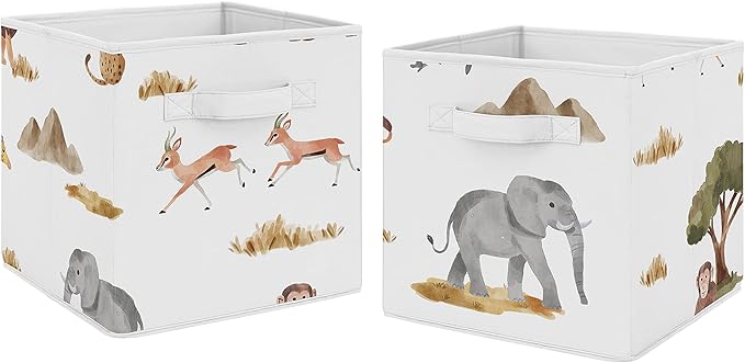 Sweet Jojo Designs Jungle Animals Foldable Fabric Storage Cube Bins Boxes Organizer Toys Kids Baby Set of 2 Dark Hunter Green Yellow Grey Black White Wildlife Safari Elephant Giraffe Monkey Leopard