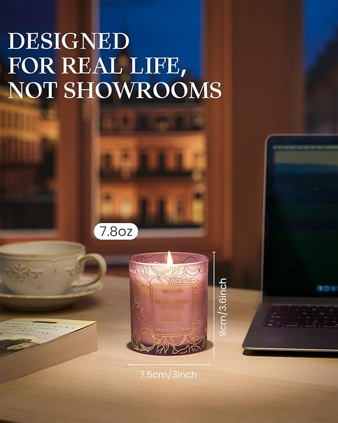 M&SENSE Plum Berry Wood Scented Vegan Soy Candles, Naturally Scented No Toxin, 8.1oz 42-Hour Slow Burning, Cozy Fall Home Fragrance for Relaxation, Housewarming Gift for Adults
