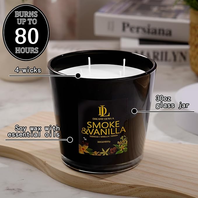 Smoke & Vanilla Scented Candle, Large 30oz Natural Soy Candles, 4-Wick 80 Hour Burn Time, Masculine Candle - Home Fragrance Candles Housewarming Gift for Men