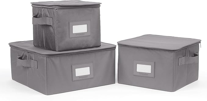 Covermates Dish Storage Box Set – China & Dinner Plate Storage Containers with Felt Dividers, Dual Zippers, Reinforced Handles, ID Window & Stackable Design, Graphite