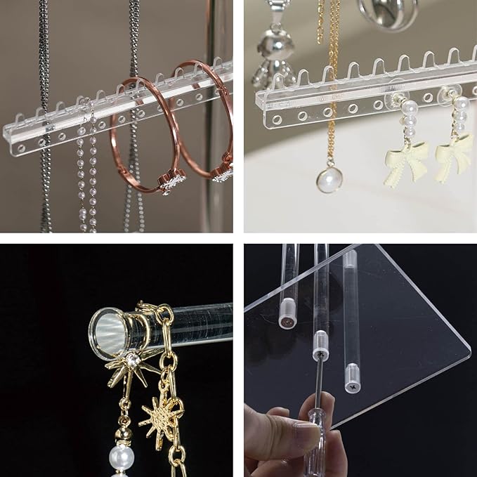 lengnoyp Premium Jewelry Stand, Earring Holder, Necklace Holder Stand, Clear 3-Tier Acrylic Large Storage Jewelry Organizer Stand & Bracelet/Bangles Stand, 48 Earring Holes Display Stands