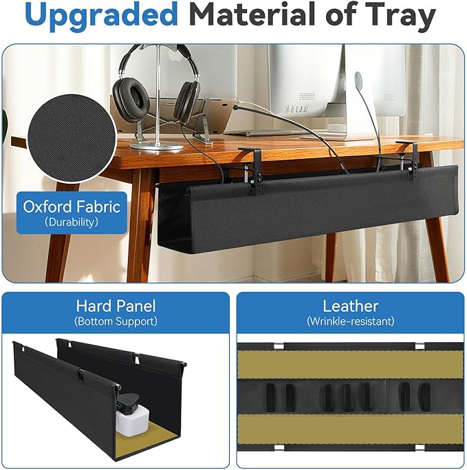 SHUWEI 48" Under Desk Cable Management Tray, Premium Fabric Cable Management for Desk, Clamp/Screw Mount Cable Tray for Office and Home, Black