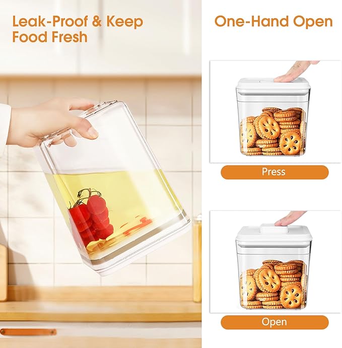 Airtight Food Storage Containers Set with Lids, Top Pop Cereal Container with One Button Control, BPA-Free Stackable Food Containers for Cereal Snack Coffee Sugar (4 Pack-2.3Qt, 1.7Qt, 1.0Qt, 0.7Qt)