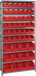 Quantum Storage Systems QSBU-230240RD Giant Open Hopper Steel Shelving System, 12" D x 36" W x 75" H, with 10 Shelves and 36 QUS230 and 12 QUS240 Bins, Red