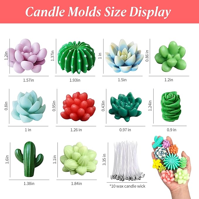 MGLIFEUL 10Pcs Succulent Cactus Plant Flower Silicone Resin Candle Soap Mold for Scented Candles Resin Soap Making Molds 3D Silicone Shapes Moldes De