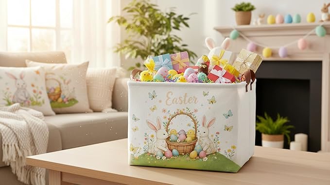Rectangle Easter Egg Basket,Easter Gift Basket Empty with Handles, Cute Organizer Storage Bin,Books Basket,Room Decor(Green Easter Egg)