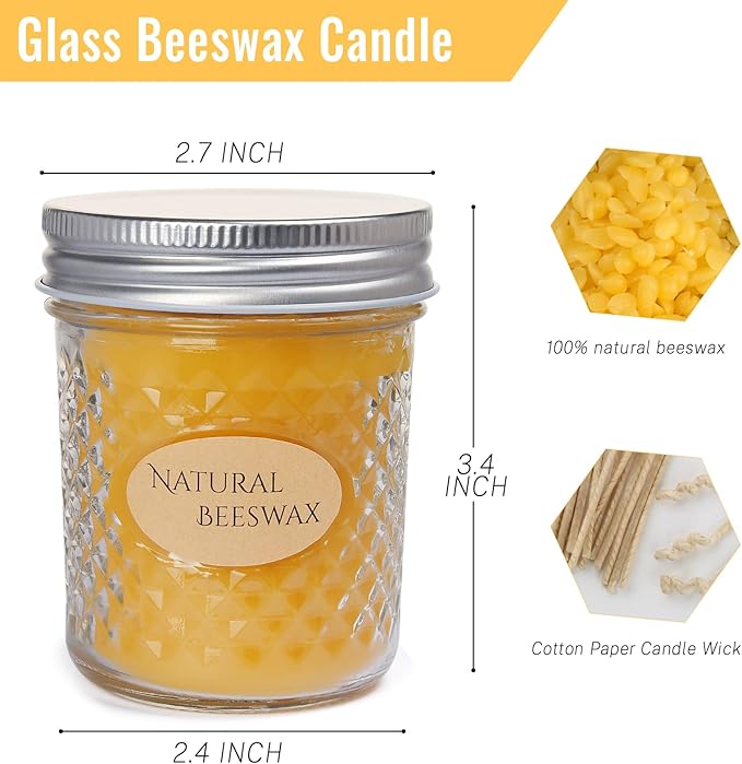 DEYBBY 2 Pack 5oz Beeswax Jar Candles Set - Beeswax Candles Gift - Handpour Candles with Natural Honey Scent, Each 26 Hrs Burn