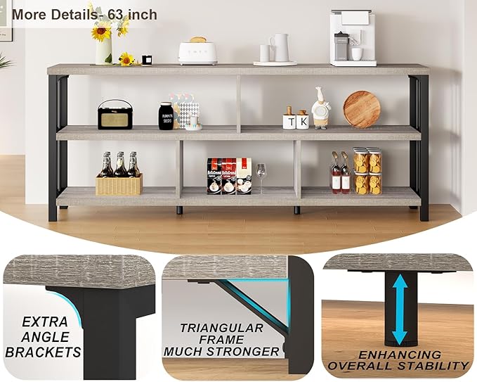 IBF Grey Bookshelf, Industrial 63” Long Open Book Shelf, Wide 5 Cube Gray Horizontal Bookcase for Home Bedroom, 3 Tier Wood Metal Low Cubby Storage Organizer Shelf for Living Room, Light Grey Oak