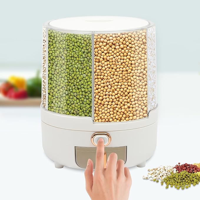 14.33lbs Grain Storage Container Dispenser - 6 Grid 360 Rotating Dry Grain and Cereal Dispenser with Lid for Store Rice, Beans