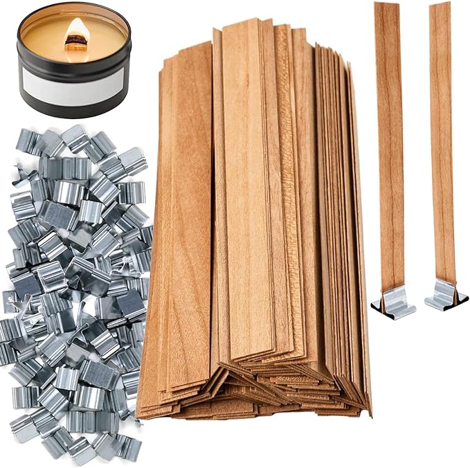 Wooden Candle Wicks with Metal Holders, 5.12in Crackling Wood Wicks 100 PCS Kit for Candle Making & Soy Wax, Natural Cherry Wood, for Jars Up to 2.75 in