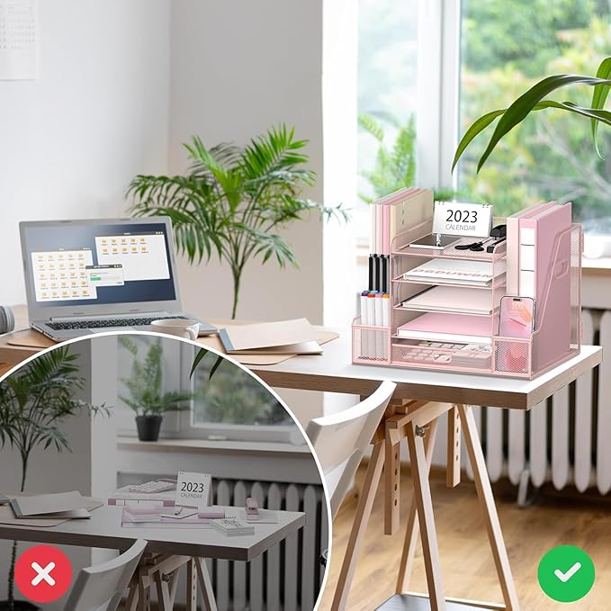 SUPEASY Mesh Desk Organizer with File Holder, 5-Tier Paper Letter Tray Organizer with Magazine Holder, Desktop Organizer and Storage with Drawer for Office Supplies Home or School (2Pack-Pink)