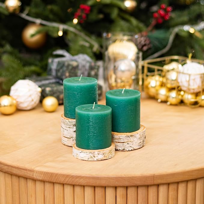 CANDWAX 3x3 Inch Green Pillar Candles Set of 3 - Rustic Unscented No Drip Green Candles for Weddings, Centerpieces, Home Décor, Christmas Decorations