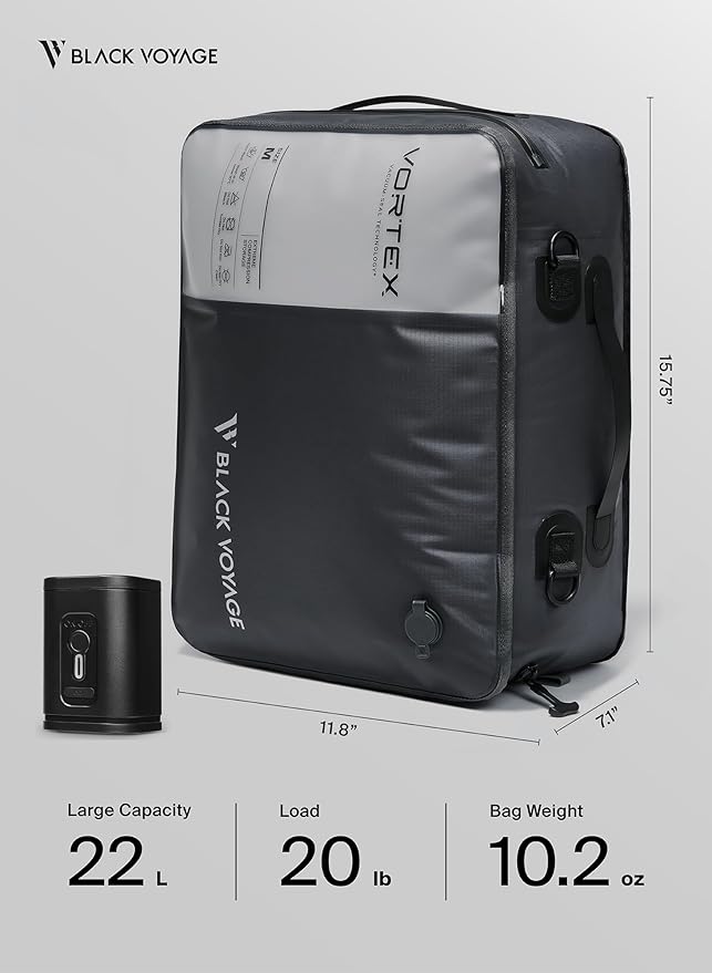 Black Voyage Reusable Vacuum Compression Travel Bag for Carry-On Suitcase and Backpack, Recycled IP67 Waterproof Space Saver Vacpack (1-Pack, 21L - Pump Included)