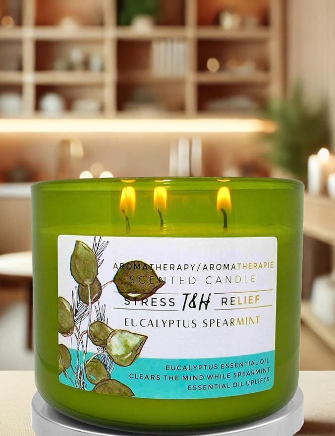 Eucalyptus Spearmint 3-Wick Soy Candle | 80 Hour Burn | 15.8 oz Aromatherapy Scented Candle for Home | Fresh Herbal Spa Scent | Gift Ready
