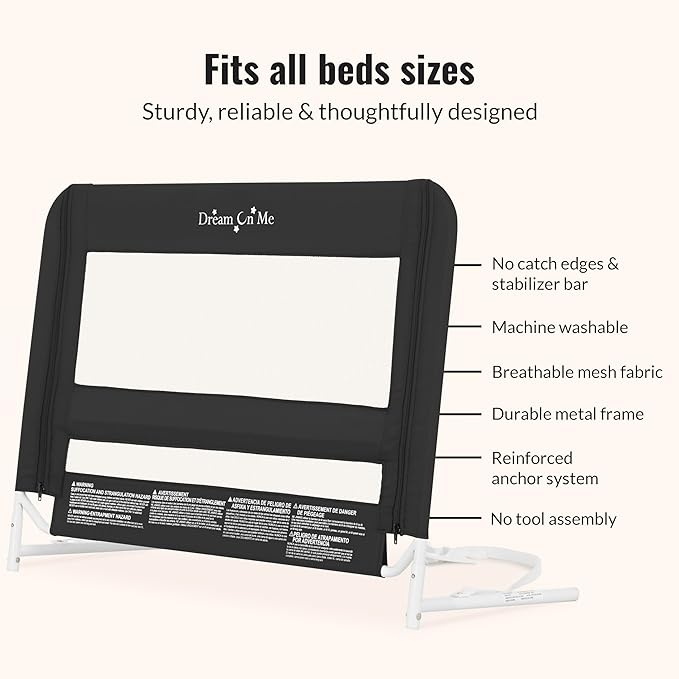 Dream On Me Mesh Security Bed Rail – Toddler Safety Guard with Breathable mesh, Reinforced Anchor System, Lightweight, Portable, fits Adult Twin-Size beds, Black