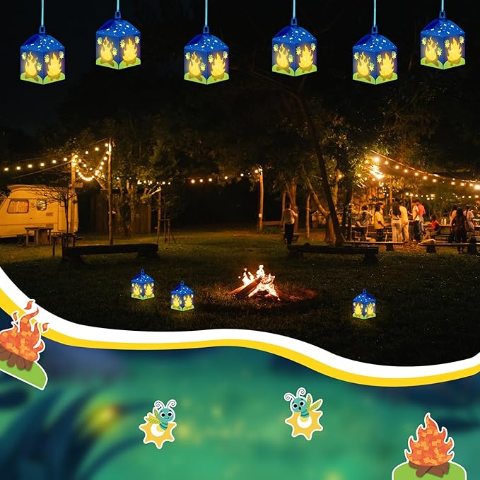 Simgoing 12 Sets Camp Crafts with LED Candles Lights Camping Campfire Vbs Tissue Paper Crafts Kits DIY Campfire Lantern Hanging Ornaments for Vbs Sunday School Party Activities