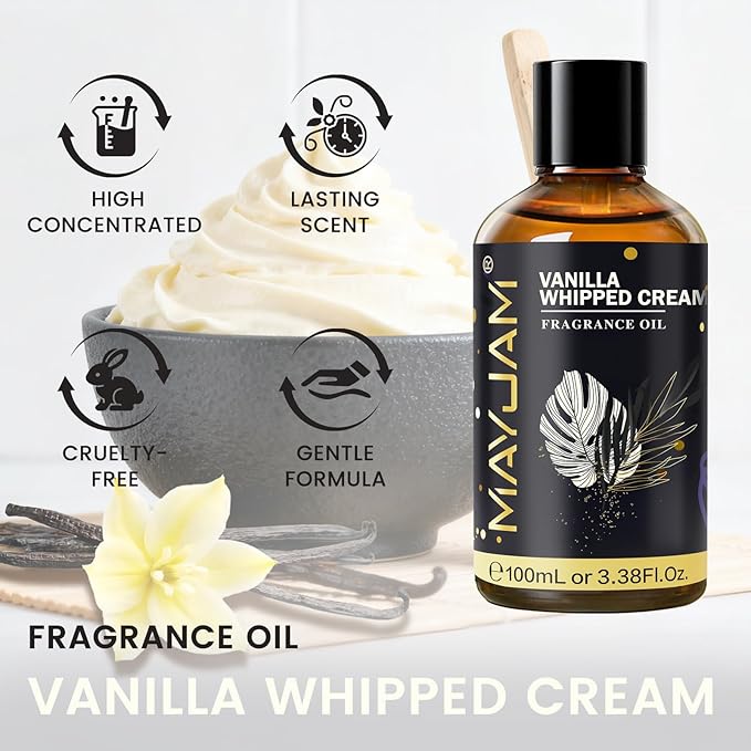 Vanilla Whipped Cream Fragrance Oil Essential Oil, MAYJAM 3.38FL.OZ Vanilla Whipped Cream Oil for Diffusers for Home, Long Lasting Scented Oils for Soap Candle Making - 100ML