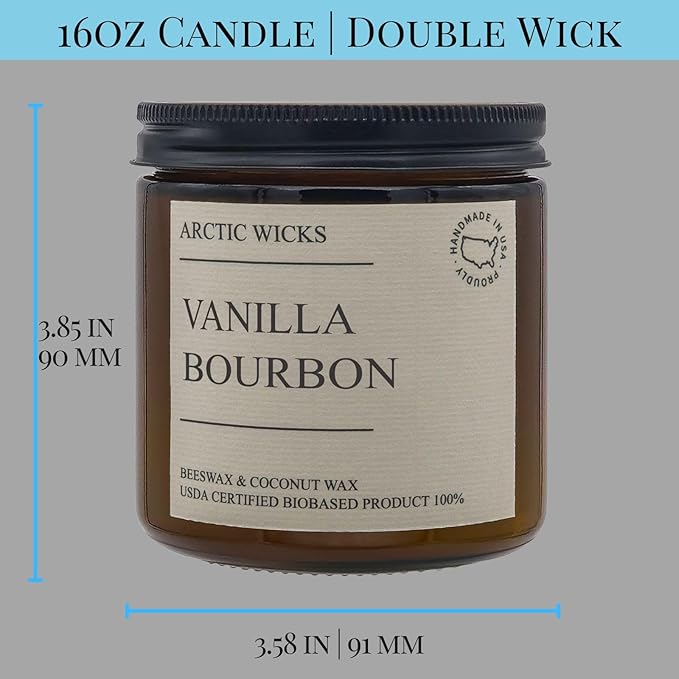 Vanilla Bourbon Candle | Arctic Wicks 16oz Coconut & Beeswax Candles | Scented Non-Toxic Candles for Fall, Winter, Holidays, Gifts for Him, Whiskey Bourbon, Vanilla | USDA Certified Biobased