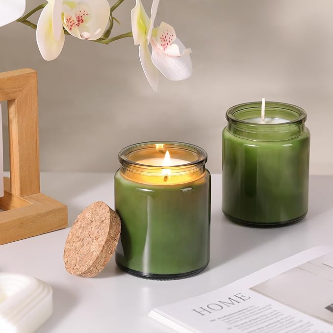 Lanttu 12 Pack Green Candle Jars for Making Candles, 7.5oz Glass Jars with Wooden Lids and Labels, Candle Making Supplies Candle Containers for Home DIY, Gifts, Table Decor