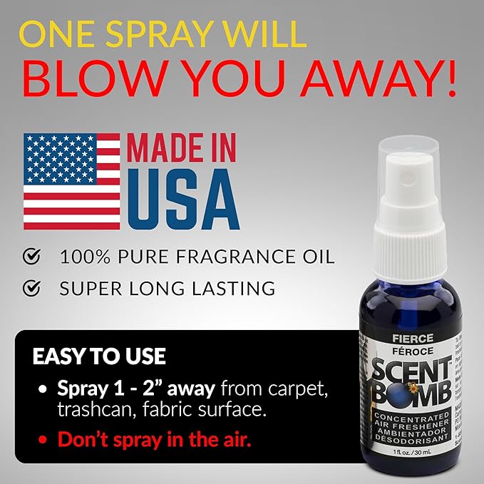 Scent Bomb Air Freshener Spray, Long-Lasting Odor Eliminator - Effective Deodorizer for Home & Car, Fresh Room Spray for Kitchen, Bathroom & Smell Neutralizer - 1 oz Pack of 4, Fierce Scent