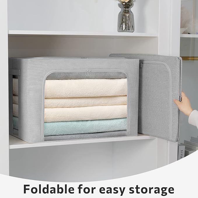 FHSQX 2 Pack Clothes Storage Bins Stackable Metal Frame Storage Box Foldable Linen Fabric Organizer with Carrying Handles and Clear Window (Light Gray, 15.7x 11.8x 7.8Inch)