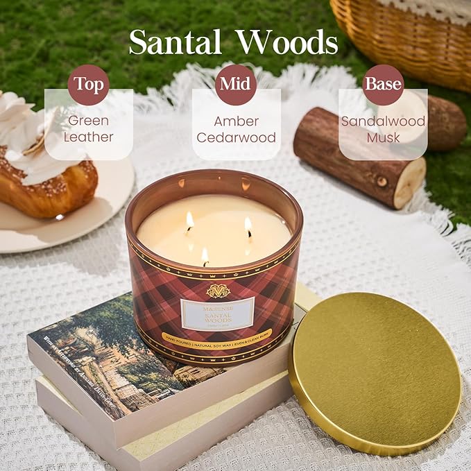 M&SENSE Plaid Pattern 3 Wick Soy Candles,11.64 oz Large Santal Woods Scent Candle for Relaxation, Gifting, Home Décor | for Bedroom, Office, Party