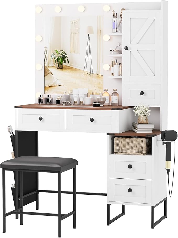 YIKEHOME Makeup Vanity Desk with Mirror and 10 Lights, 3-Colour Hollywood Brighter Bulbs, Vanity Table Set with Large Drawers and and Charging Station for Bedroom Dressing Room White