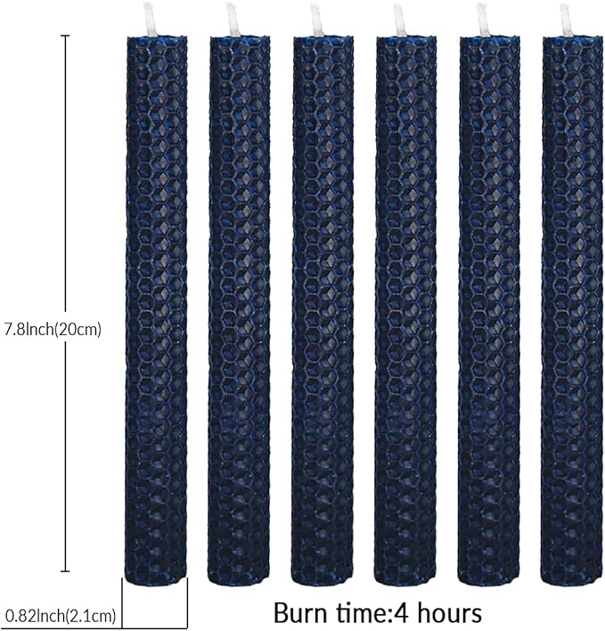 DEYBBY Natural Beeswax Taper Candles,Honeycomb Design Hand-Rolled Beeswax Candles, Dripless and Smokeless, Set of 6 Flat Top (Blue)