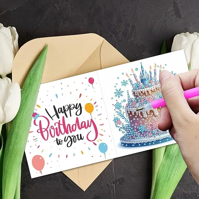 DoxQcs 5D Diamond Art Painting Greeting Cards Kit, DIY Cards for Blessings Congratulations Gifts, Greeting Card Set for Birthday Thanksgiving Day Christmas Halloween-Birthday Cake-2