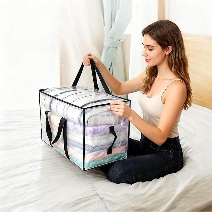 4 Pack 95L Large Capacity Heavy Duty Foldable Storage Bags - Handheld Totes with Double Zippers, Side Handles & ID Label Slot, Waterproof PP Fabric for Quilts, Clothes, Toys & Household Organizing