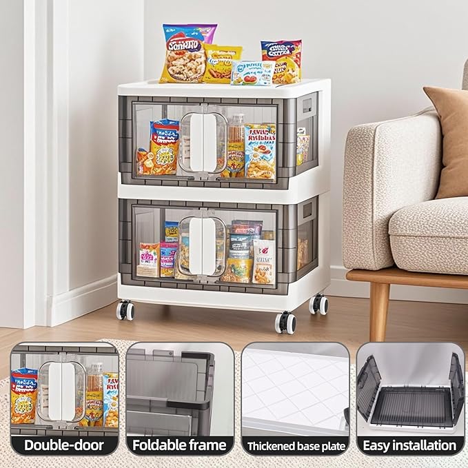 Folding Storage Organizer with Silent casters | Stackable Design for Home & Office, Heavy-Duty Plastic Storage Bin with Clear Door, 3 Sizes (19.5/23.5/27.5in),Black/White (19.7" 5 layer, White)