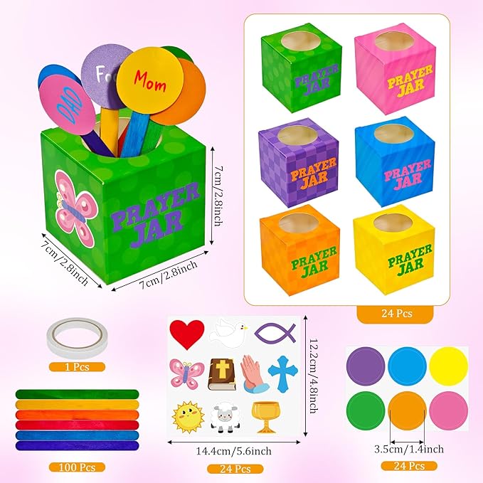 Cinrobiye 24 Set Prayer Box Craft Kits DIY Religious Prayer Jar with Popsicle Stick DIY Family Prayer Handmade Paper Box for Sunday School Home Church Activities Christian Prayer Party Favor Supplies