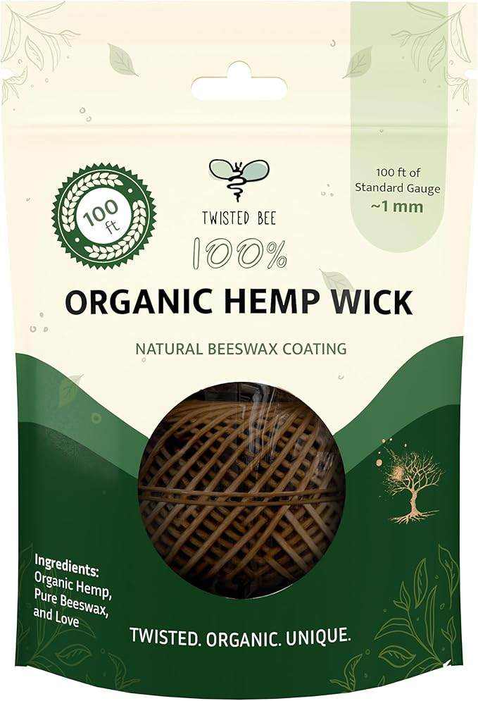 100% Organic Hemp Wick with Natural Beeswax Coating, Twisted Bee (100ft x Standard (~1 mm))