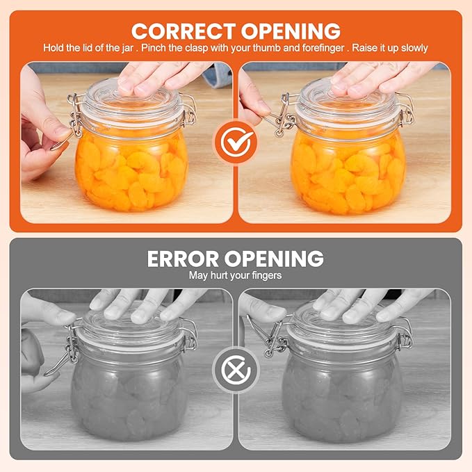 Hovico 17 oz Glass Jars with Airtight Lids And Leak Proof Rubber Gasket, Wide Mouth Mason Jars with Hinged Lids for Kitchen Canning Cereal,Pasta,Sugar,Beans,Spice, Glass Storage Containers, Set of 6