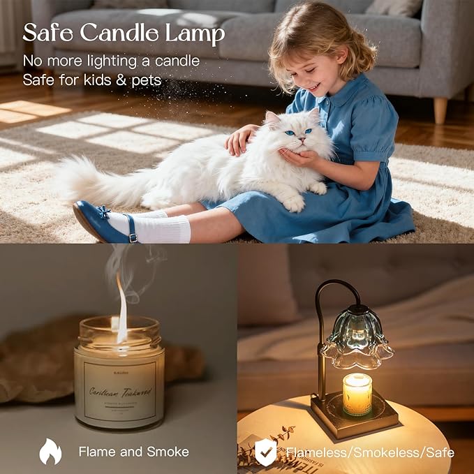 Candeldo Candle Warmer Lamp with Timer: Navy Blue Flower Candle Warming Lamp with 2 Bulbs Height Adjustable Wax Warmer Dimmable Bedroom Decor Mothers Day Birthday Gift for Women