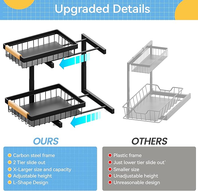 ADBIU Under Sink Organizer XL Size, 2 Packs 2 Tier Expandable Height (13.5" - 17.5") Under-Sink Organizers Slide Out Pull Out Bathroom Kitchen Organizers and Storage