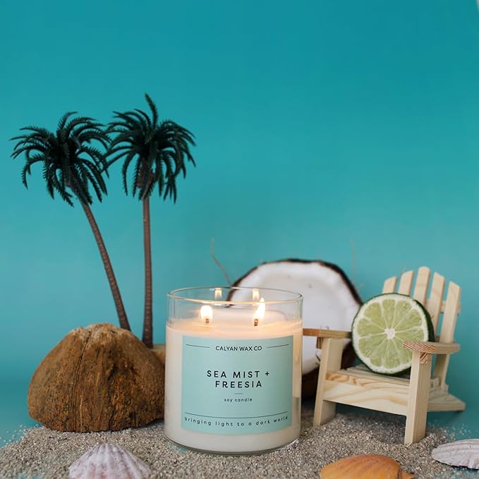 Calyan Wax Co. Sea Mist & Freesia 2 Wick Scented Candle - 37 Hour Burn - Luxury Non Toxic Soy Wax Candles - Long Lasting Large Glass Jar Candle for Home - 8.8oz
