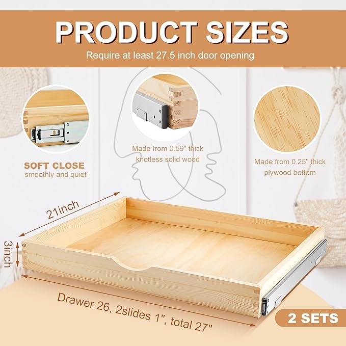 Menkxi 2 Set Wooden Pull out Cabinet Organizer Fully Assembled Slide out Pantry Drawer with Gentle Close Storage Shelf Tray for Base Kitchen Under Sink Bathroom Accessory(Wood Color,27'' X 21'' X 3")